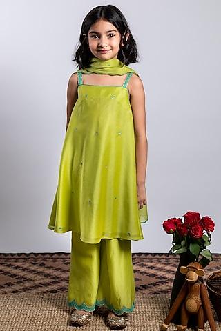 green embroidered a-line kurta set for girls