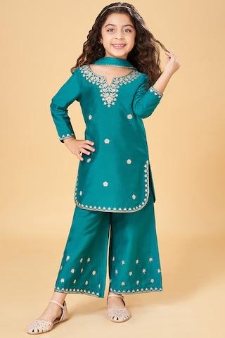 green embroidered calf-length  ethnic girls regular fit  churidar kurta dupatta set