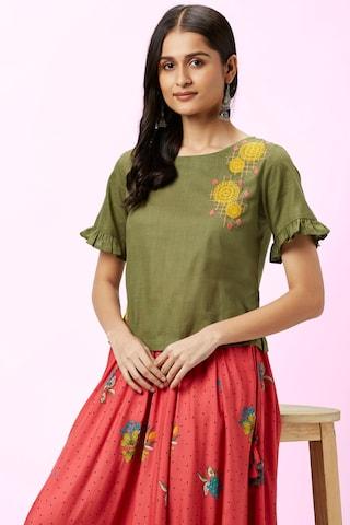 green embroidered casual elbow sleeves round neck women regular fit top