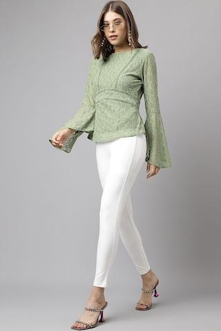 green embroidered casual full sleeves round neck women classic fit top