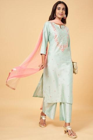 green embroidered ethnic 3/4th sleeves round neck women regular fit  pant kurta dupatta set