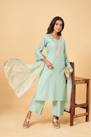 green embroidered ethnic 3/4th sleeves round neck women regular fit  pant kurta dupatta set