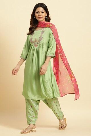 green embroidered ethnic 3/4th sleeves round neck women regular fit salwar kurta dupatta set