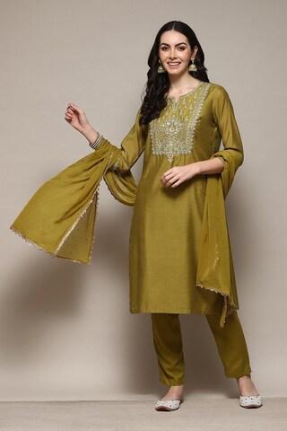 green embroidered ethnic 3/4th sleeves round neck women straight fit pant kurta dupatta set