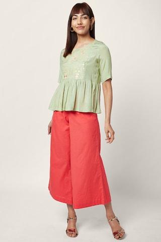 green embroidered ethnic half sleeves round neck women regular fit tunic