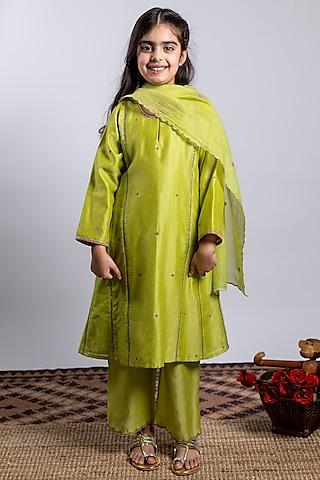 green embroidered kurta set for girls
