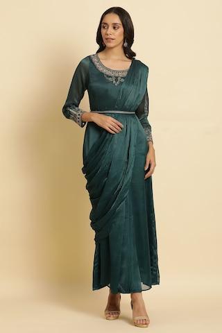 green embroidered polyester sari