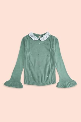 green embroidered winter wear full sleeves regular collar girls regular fit sweater