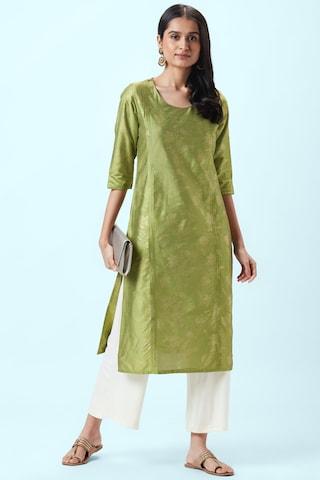 green floral print ethnic round neck 3/4th sleeves calf-length women regular fit kurta