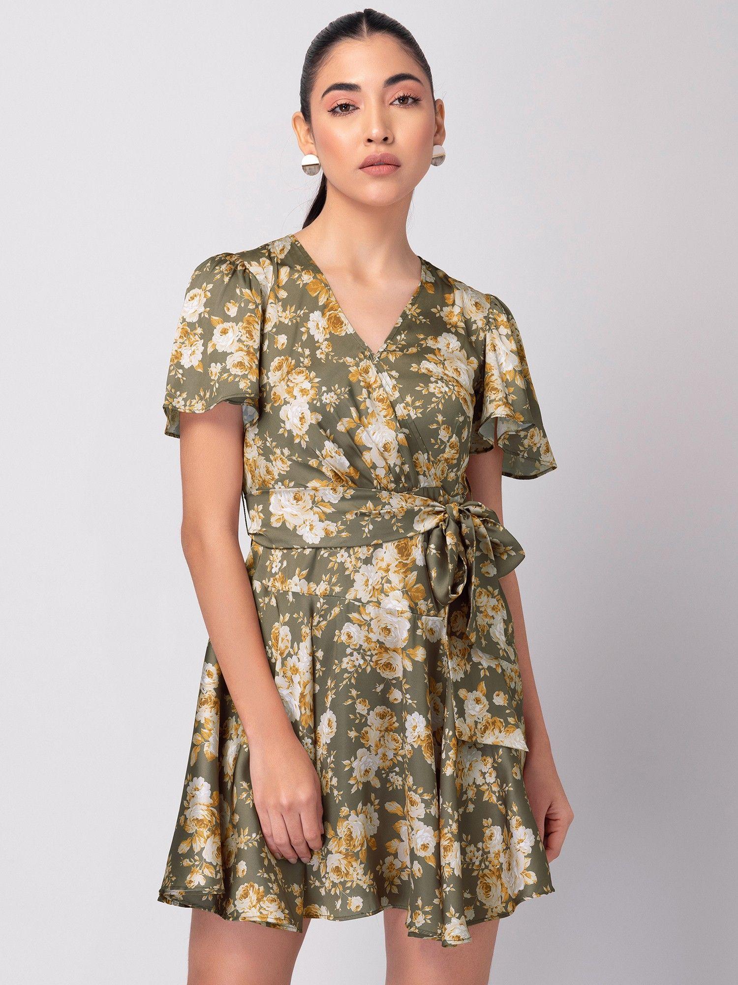 green floral print wrap dress with self fabric belt (set of 2)