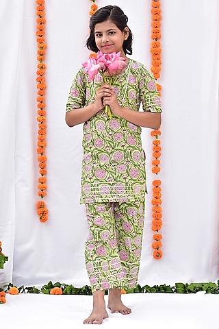 green floral printed kurta set for girls