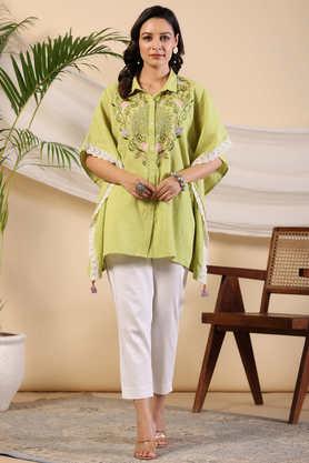 green floral printed seersucker kaftan tunic with thread work - green