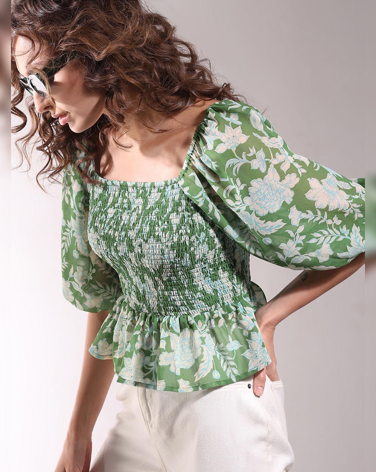 green floral smocked top