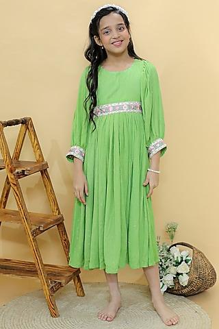 green georgette lurex embroidered tiered dress for girls