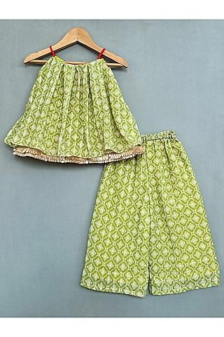 green georgette printed co-ord set for girls