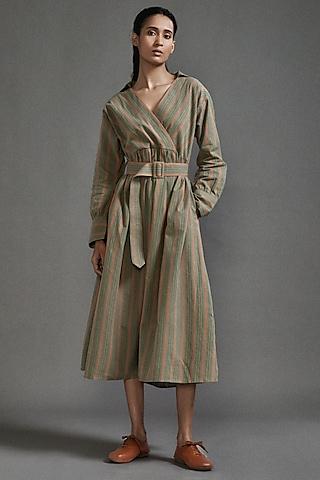 green handloom cotton striped safari midi dress