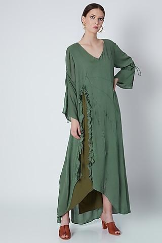 green handwoven ruffled dress
