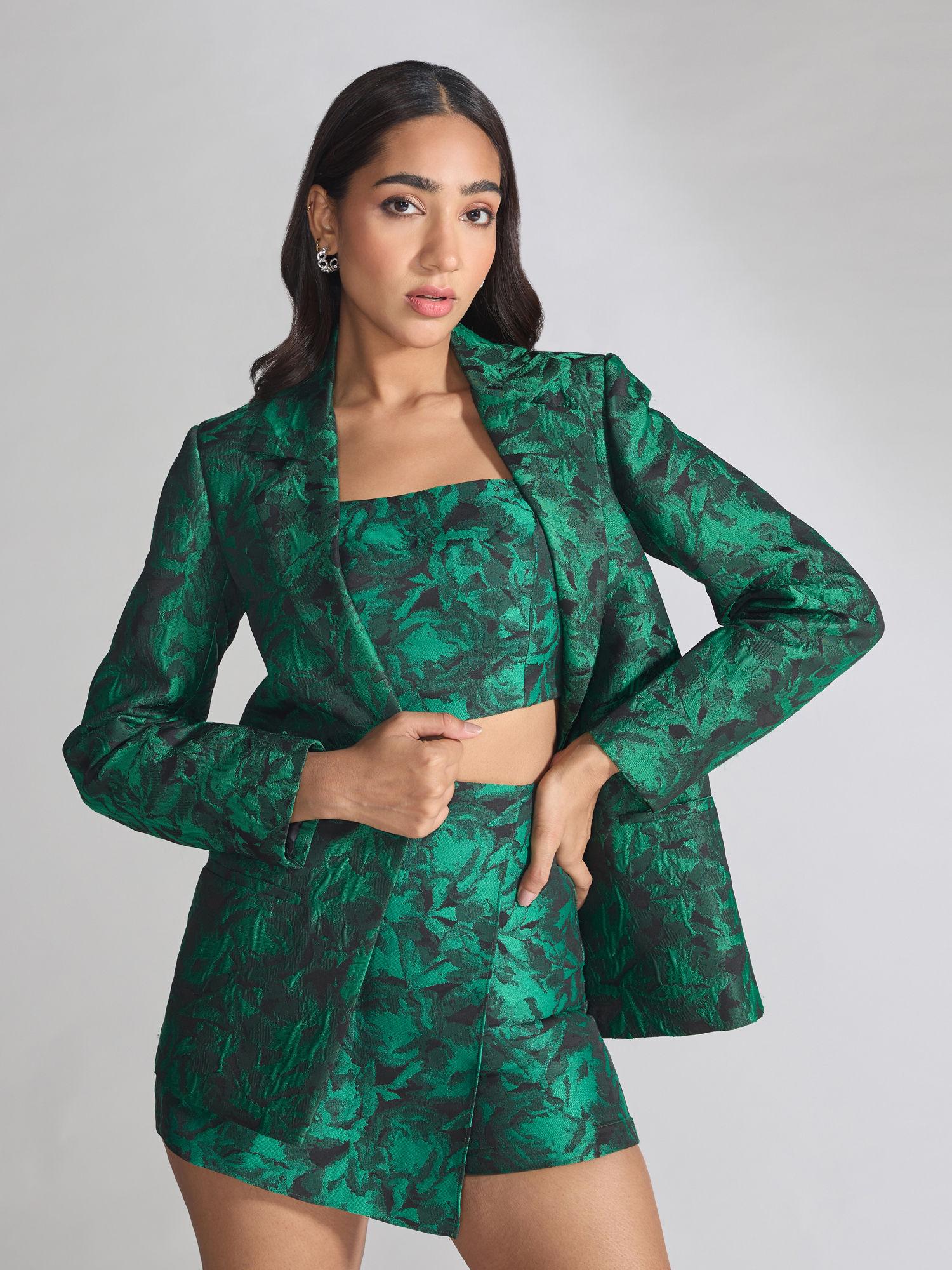 green jacquard full sleeves blazer