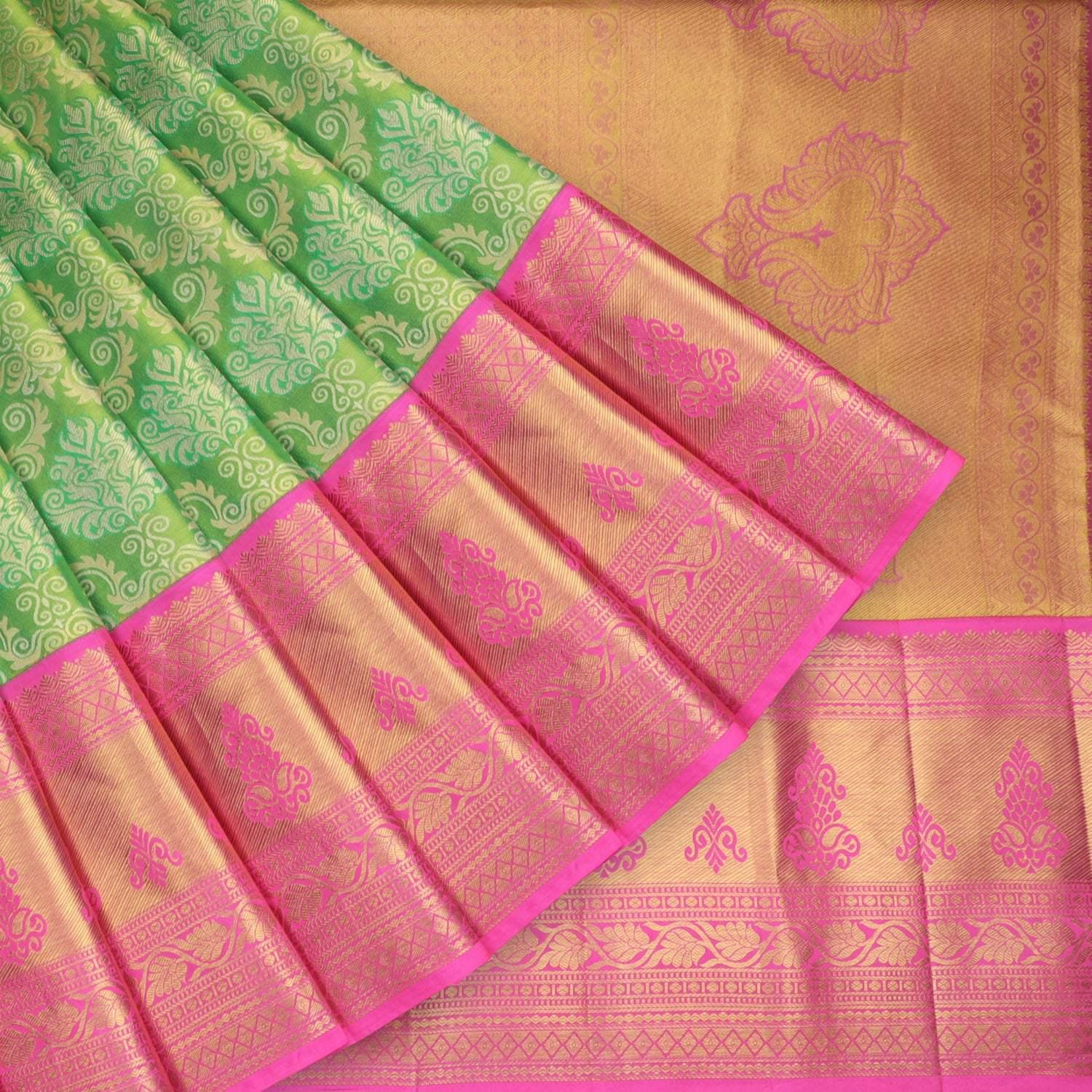 green kanjivaram silk saree with floral pattern