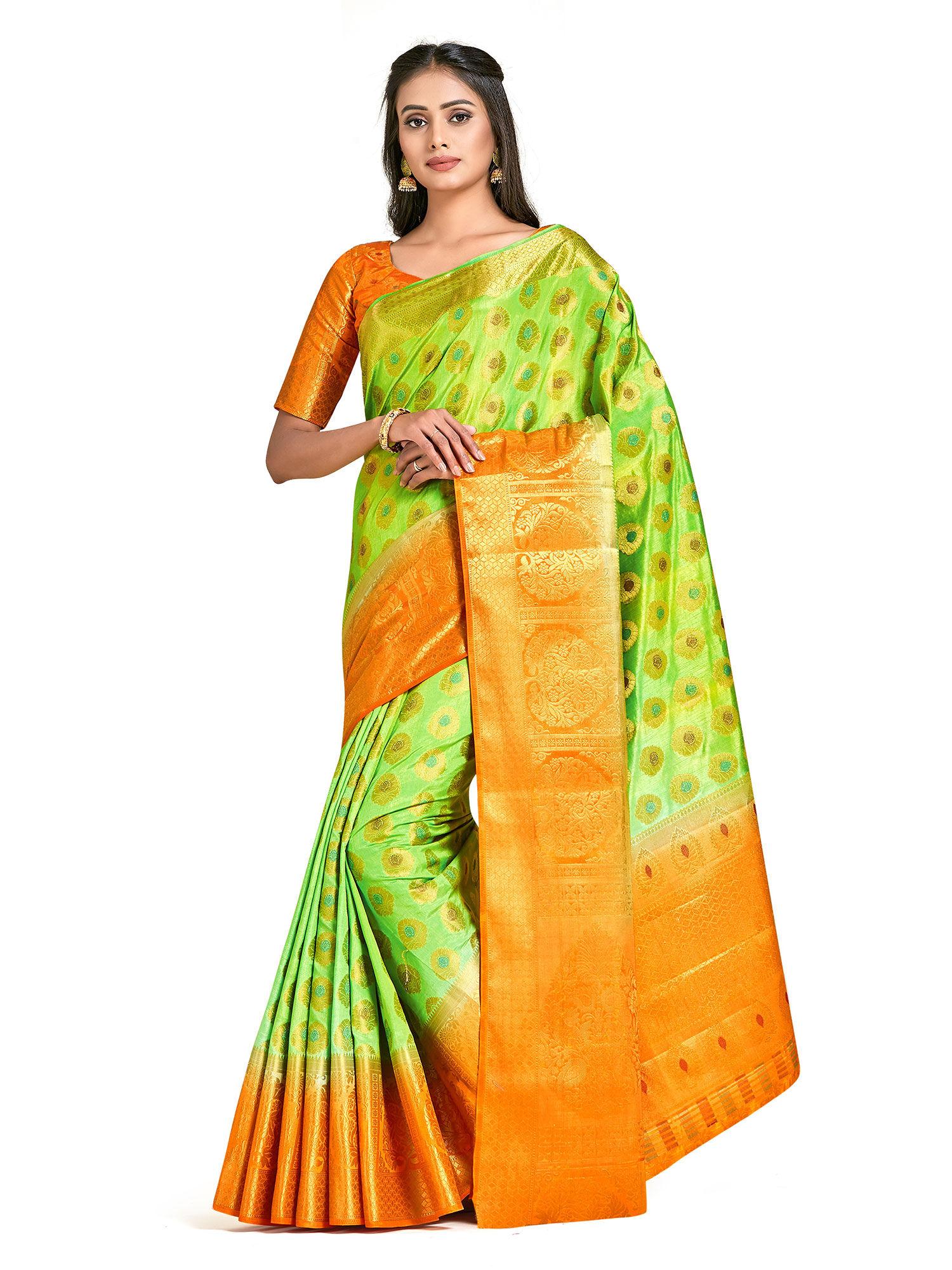 green kanjivaram style art silk saree with unstitched blouse