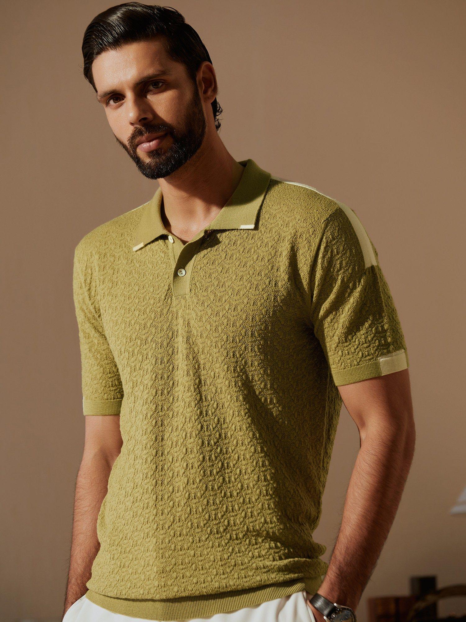 green men's half sleeve merino wool polo tshirt