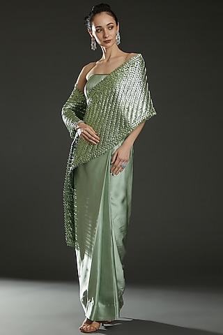 green metallic cord handwoven draped saree set