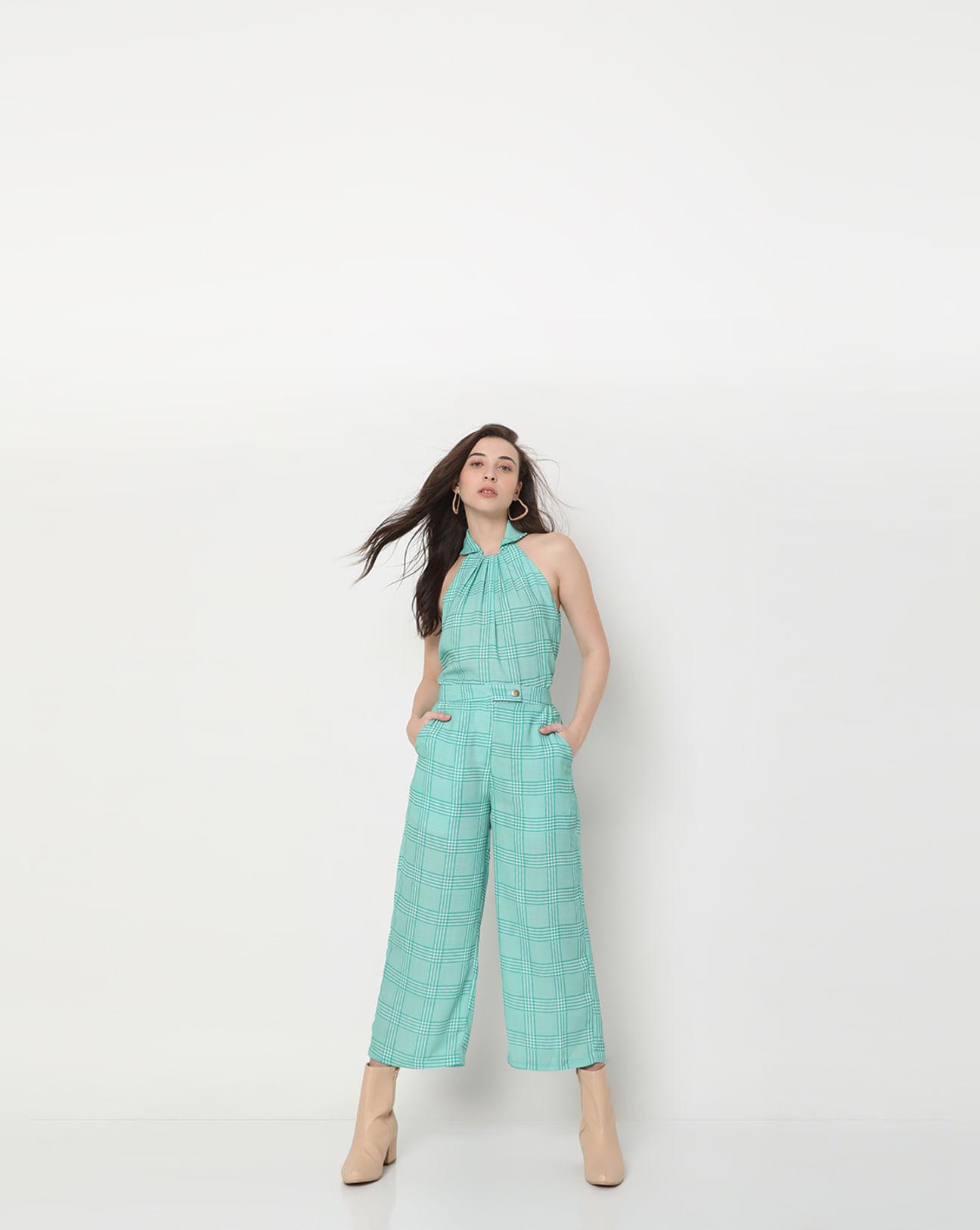 green mid rise check co-ord pants