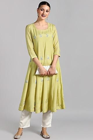 green modal silk embroidered kurta set