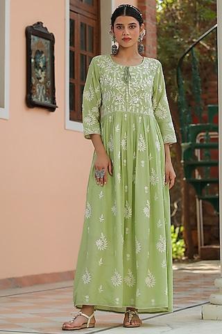 green mul cotton chikankari embroidered dress