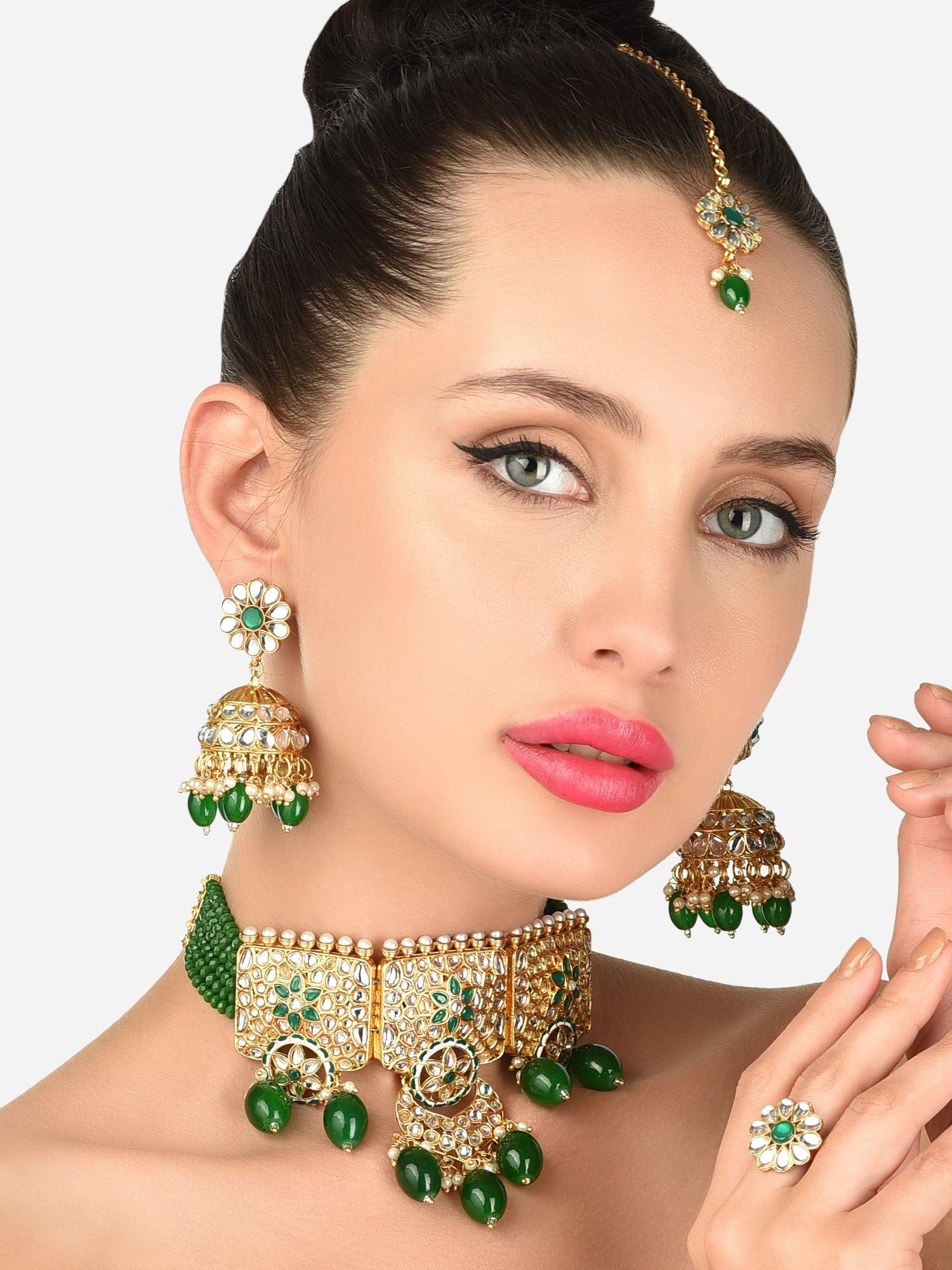 green multistrand beads choker necklace earring maangtikka and ring set-zpfk12143