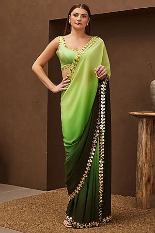 green ombre crepe acrylic embroidered pre-stitched saree set