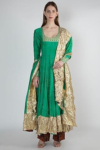 green ombre embroidered printed anarkali with dupatta
