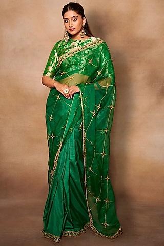 green organza & silk hand embroidered saree
