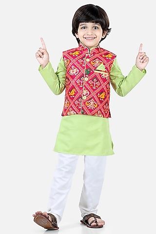 green-patola-kurta-set-with-bundi-jacket-for-boys