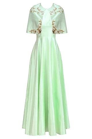 green pistachio gold birds  and floral work cape  and gown set