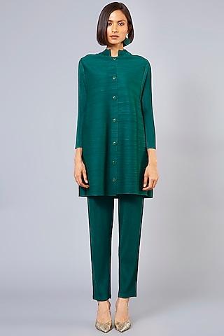 green-pleated-polyester-tunic-set