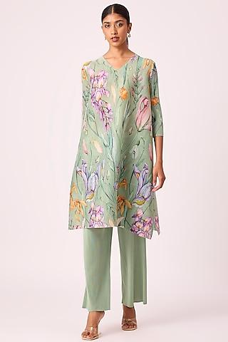 green-polyester-floral-printed-a-line-tunic-set