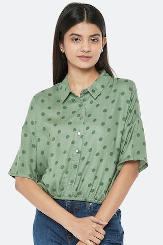 green print casual half sleeves regular collar women shirt