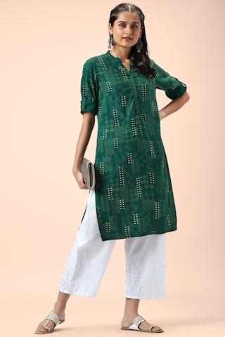 green print casual mandarin 3/4th sleeves calf-length women regular fit kurta