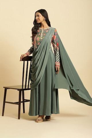 green print polyester sari