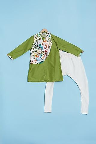 green printed & embroidered kurta set for boys