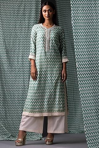 green printed & hand embroidered kurta set for girls