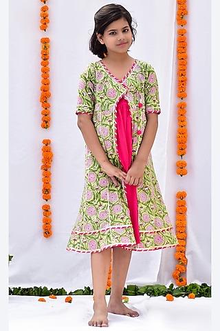 green printed a-line shrug midi dress for girls