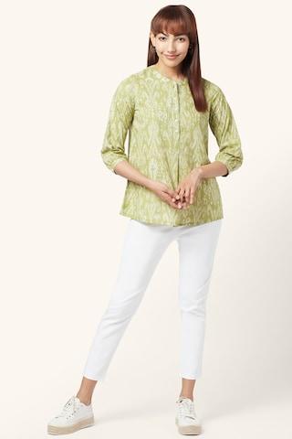 green printed casual 3/4th sleeves mandarin women regular fit tunic