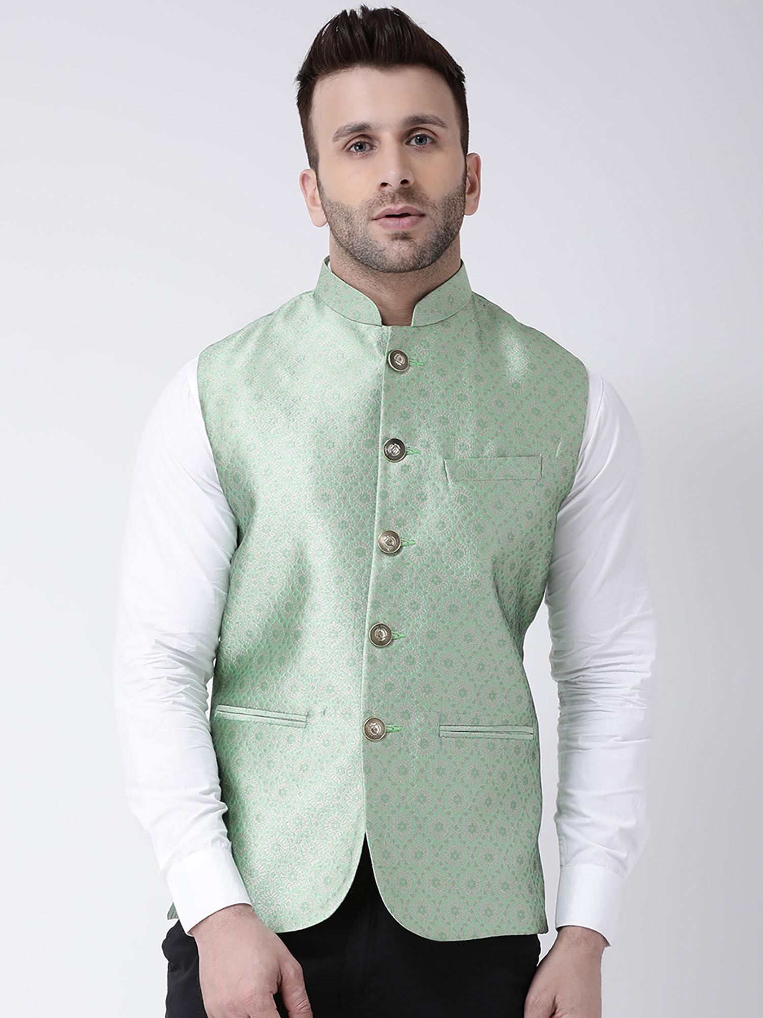 green printed jacquard nehru jacket