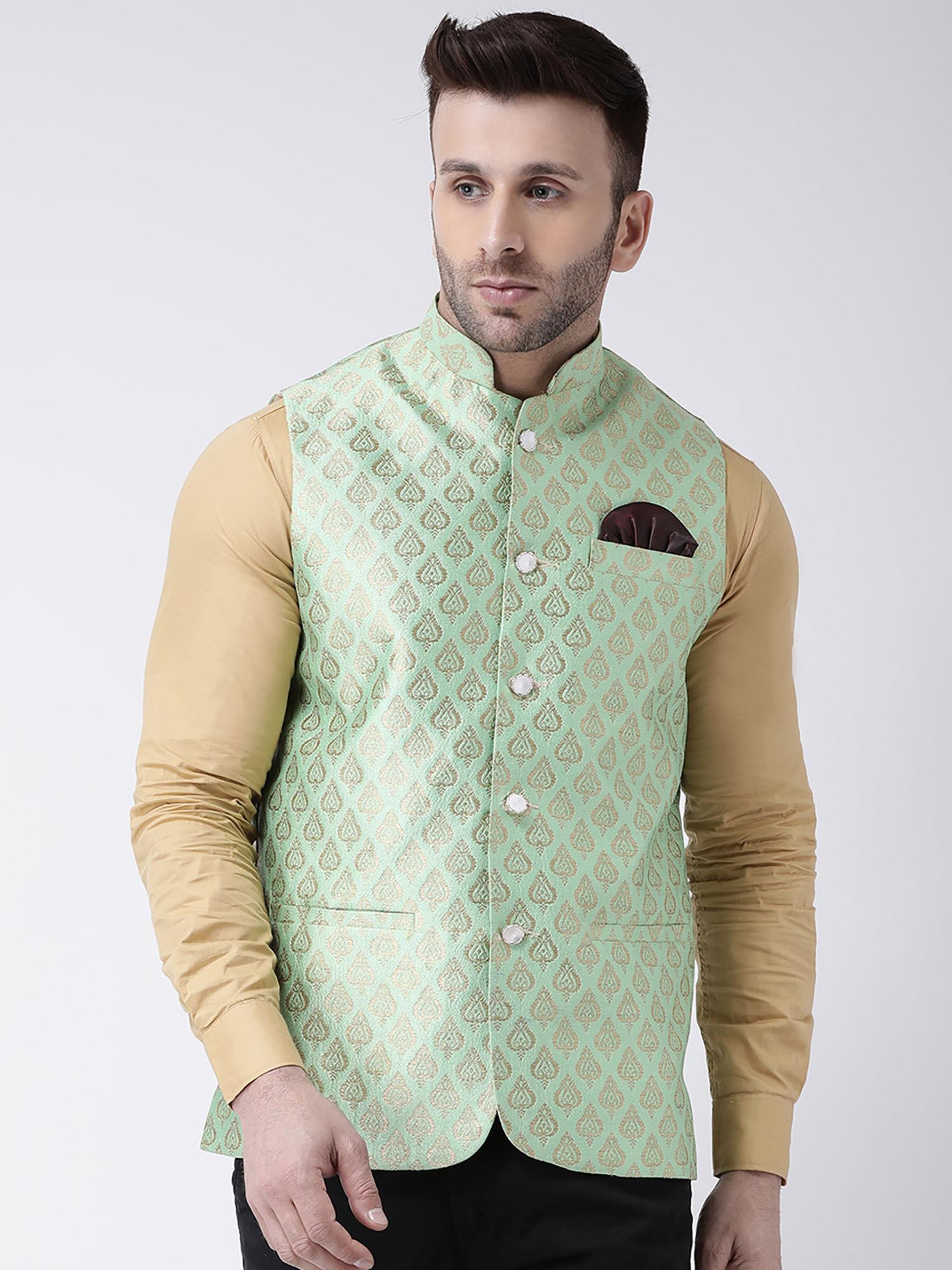 green printed jacquard nehru jacket