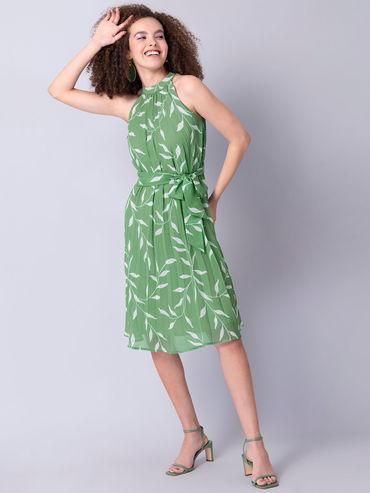 green printed pleated halter neck tie up belted dress
