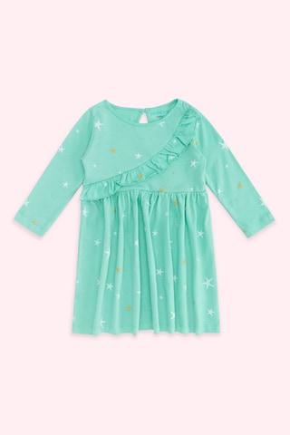 green printed round neck casual knee length full sleeves baby regular fit dress