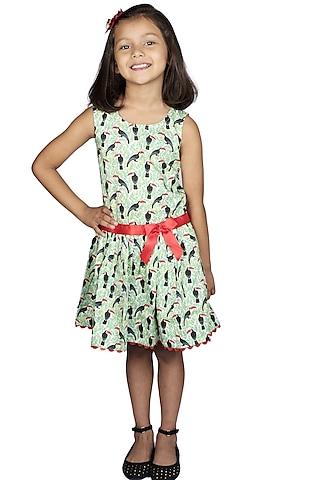 green printed sleeveless flared dress for girls