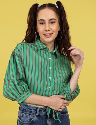 green puffed sleeve vertical stripe crop shirt
